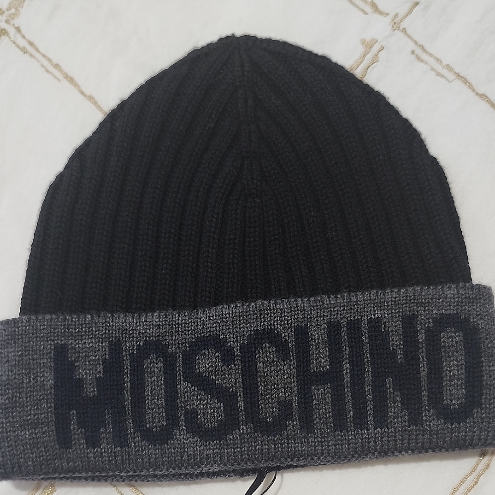 Moschino Black and Gray Knit Beanie